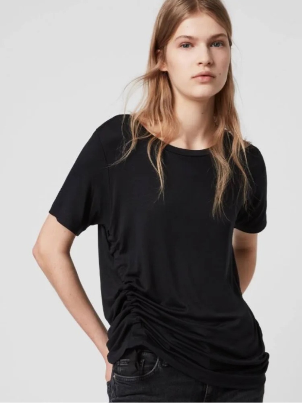 NWOT AllSaints Black Ruched Side Drape Tee - Small
